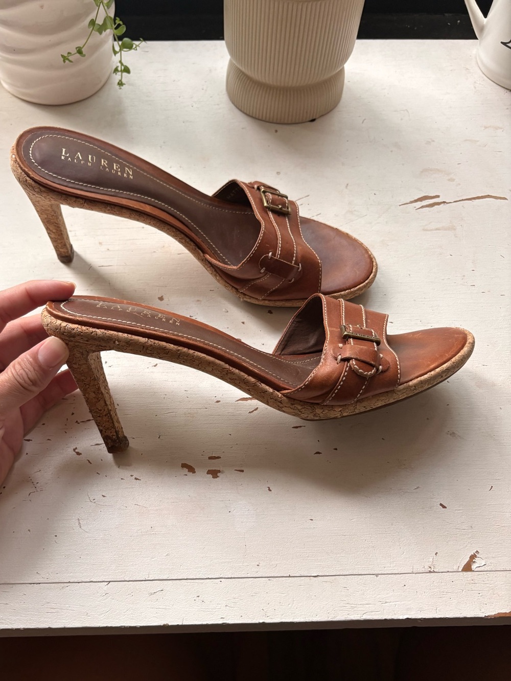 Ralph Lauren Tan Brown Leather Cork Heel Mules